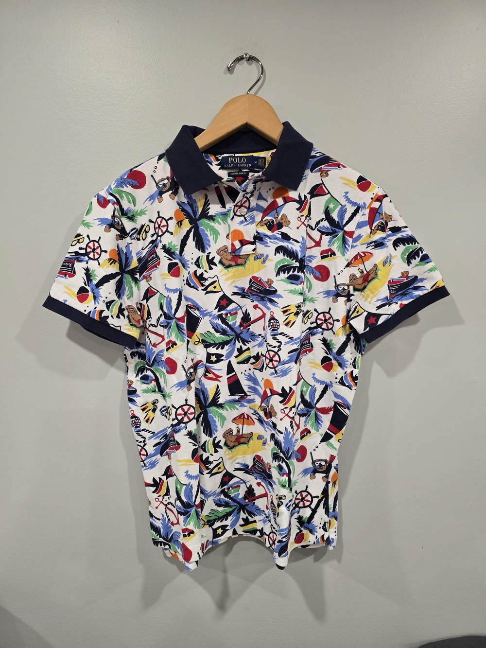 Polo by Ralph Lauren White Multicolor Tropical Print Polo with Navy Collar